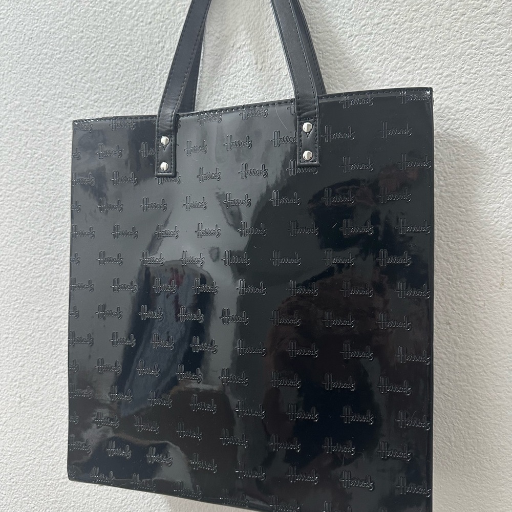 Harrods London Black Patent Leather Embossed Tote Shopping Shoulder Bag